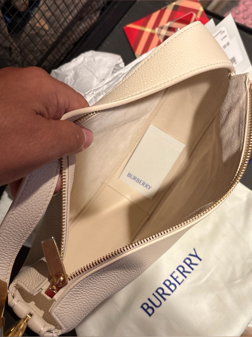 Burberry Cream Pebbled Leather Shoulder Bag with Gold Hardware Arc Large Handbag